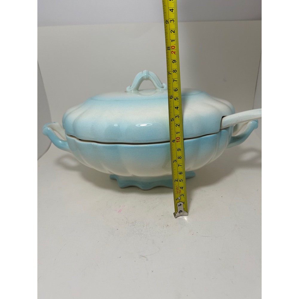 Vintage Scalloped Ceramic Soup Tureen with Lid and Ladle Blue White Ombre 11.5in - Picture 4 of 13